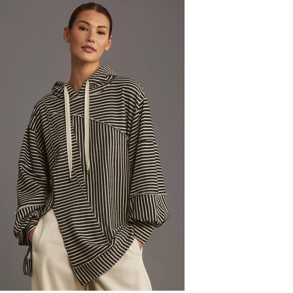 new Anthropologie Maeve French Terry Sweatshirt 2XS XXS white black stripes n…